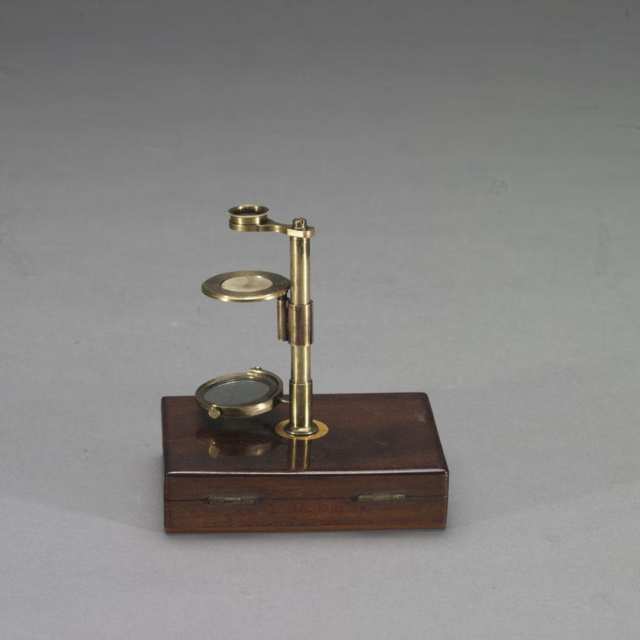English Mahogany Cased Lacquered Brass Travelling Simple Microscope, c.1850