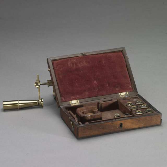 Mahogany Cased Lacquered Brass Travelling Monocular Microscope, by Bancks, London, mid 19th century