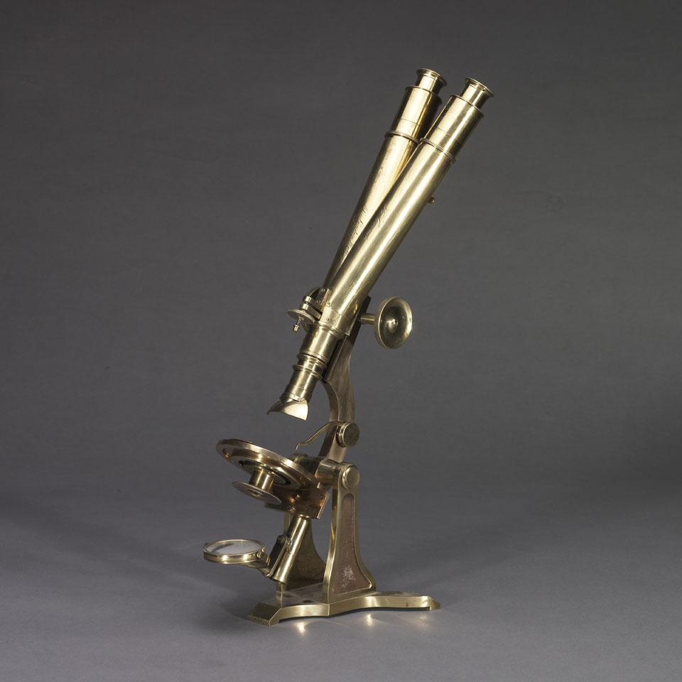 Large Lacquered Brass Binocular Microscope, Henry Crouch, No. 673, 19th century
