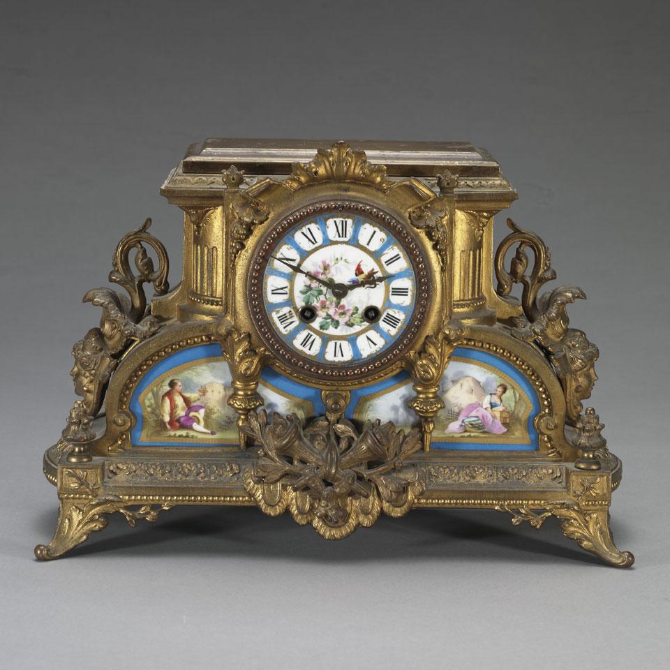 Louis XVI Style Porcelain Mounted Ormolu Mantel Clock, c.1870