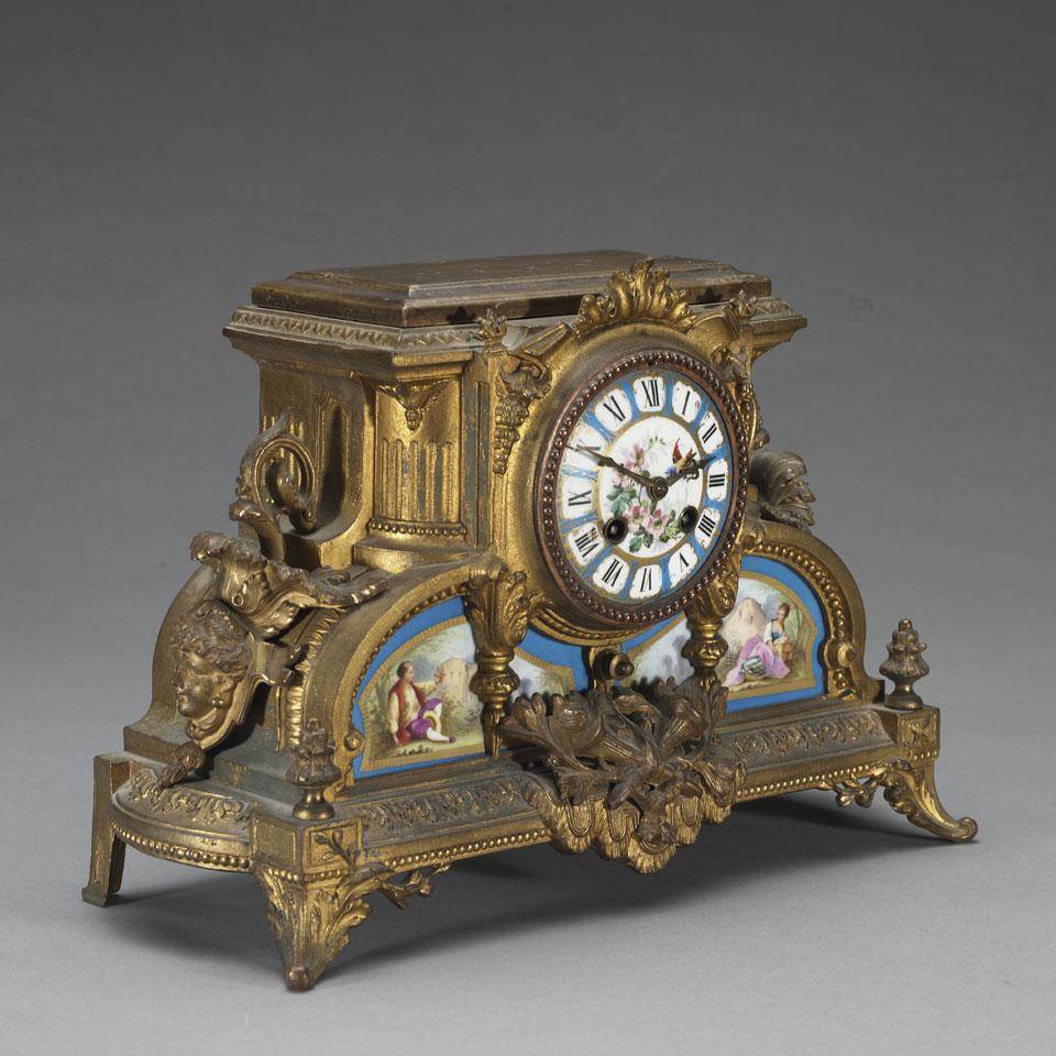 Louis XVI Style Porcelain Mounted Ormolu Mantel Clock, c.1870