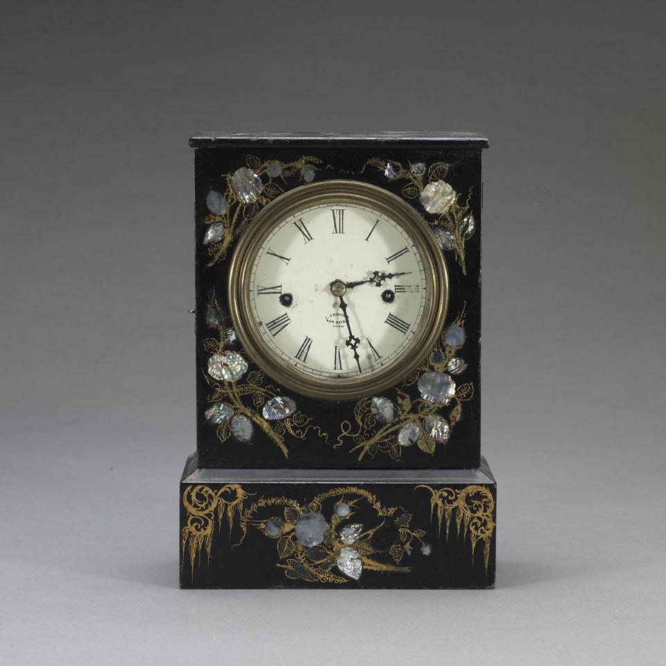 Chauncey Jerome, New Haven, Conn., Abalone Inlaid Ebonized 30-Hour Shelf Clock. c.1848