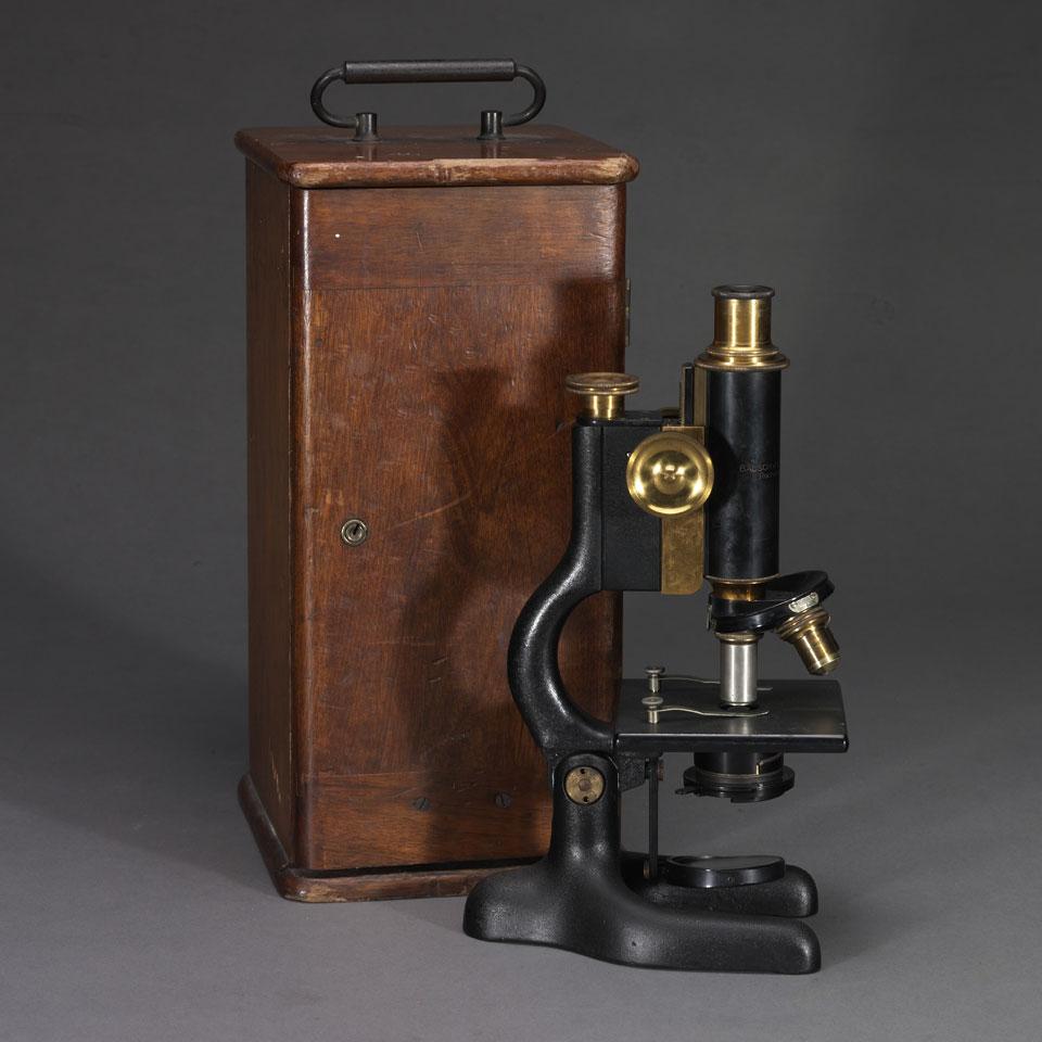 Lacquered Brass and Enamelled Metal Monocular Microscope, Bausch & Lomb, #149354, c.1920