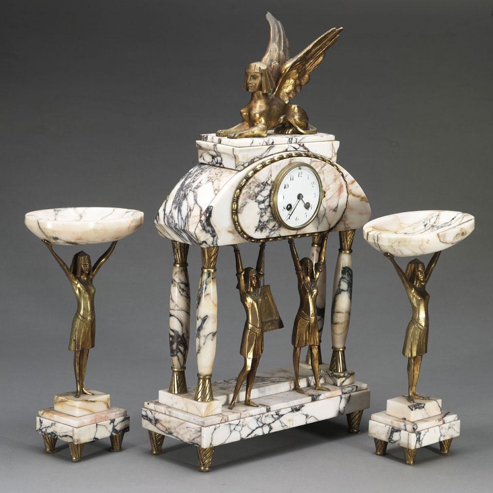 French Egyptian Revival Ormolu Mounted Crema Valencia Marble Clock Garniture, c.1925
