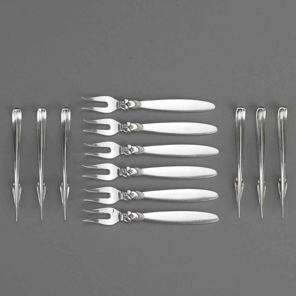 Six Danish Silver ‘Cactus’ Pattern Date Forks and Six Nut Picks (68A), Georg Jensen, Copenhagen, 20th century