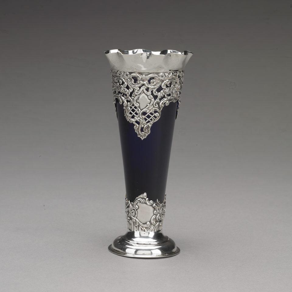 Late Victorian Silver Mounted Blue Glass Vase, H. Matthews, Birmingham, 1900