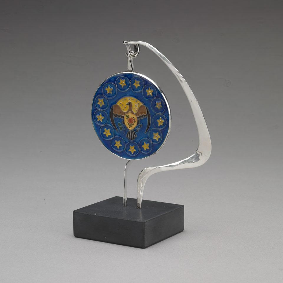 American Silver and Enamel Eagle Pendant Medallion on Stand, Old Newbury Crafters, Amesbury, Mass. for Cartier, New York, N.Y., 1970’s