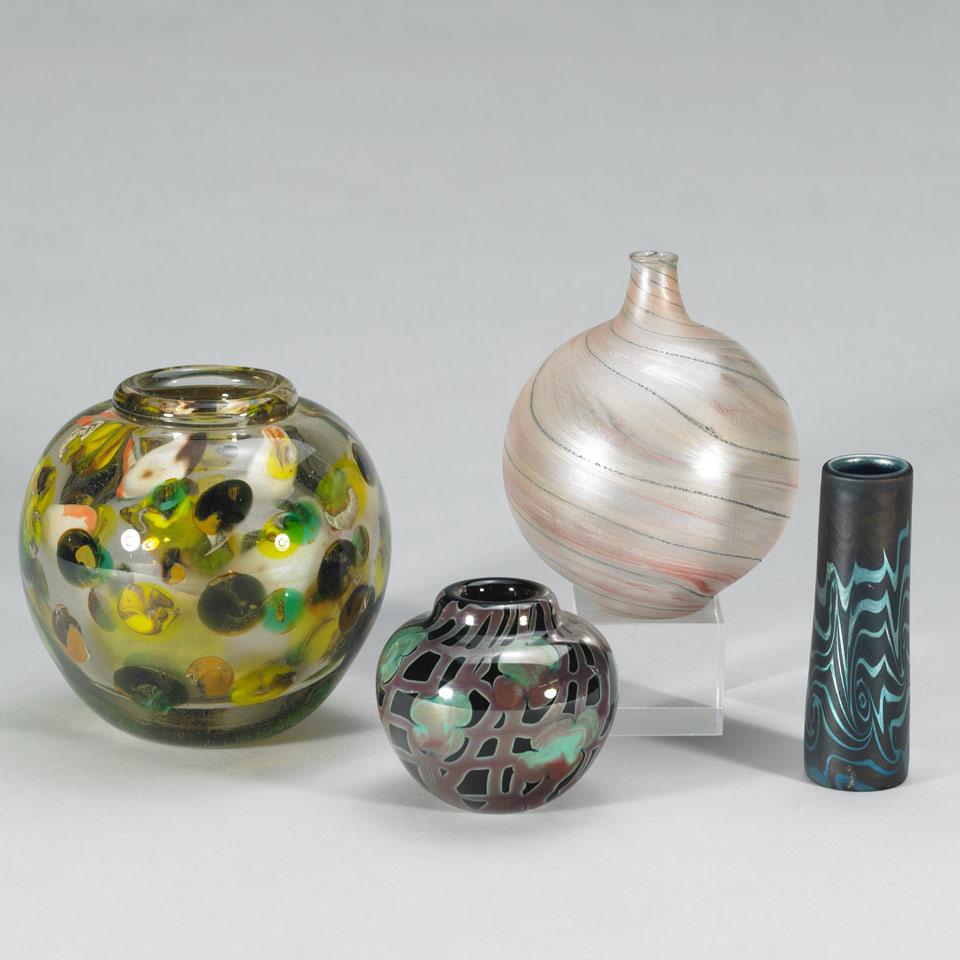 Four American Studio Glass Vases, John Byron, Irving Slotchiver, Kurt Wallstab and Peiser Studios, c.1977-82