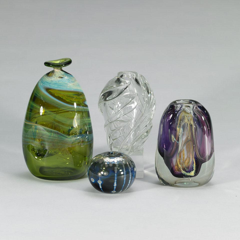 Four American Studio Glass Vases, William Glasner, Michael Boylen, Two Rivers and Kent Fiske, c.1975-80