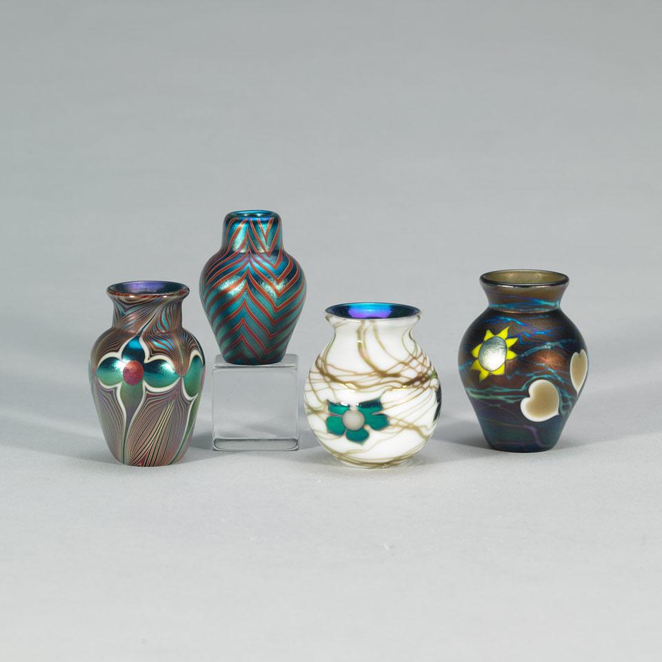 Four Lundberg Studios Decorated Iridescent Glass Miniature Vases, 1975
