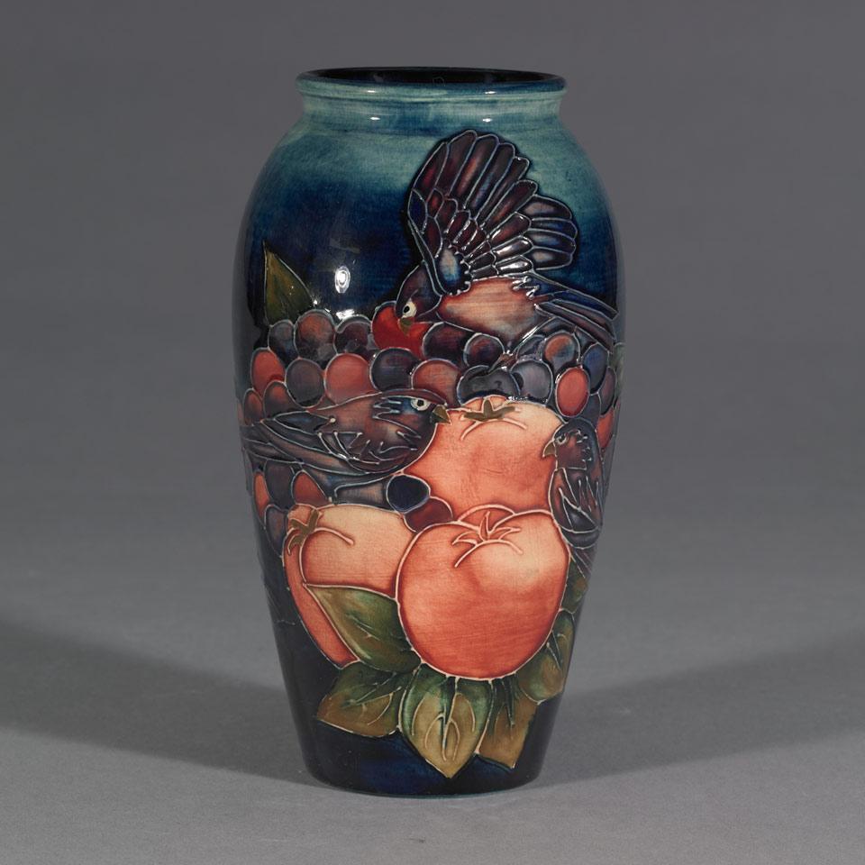 Moorcroft Finches Vase, Sally Tuffin, c.1988-89