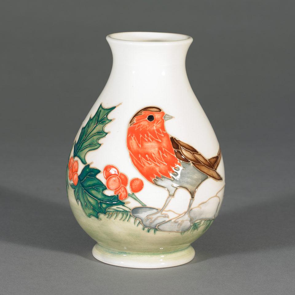 Moorcroft Robin Vase, Sally Tuffin, c.1988-90