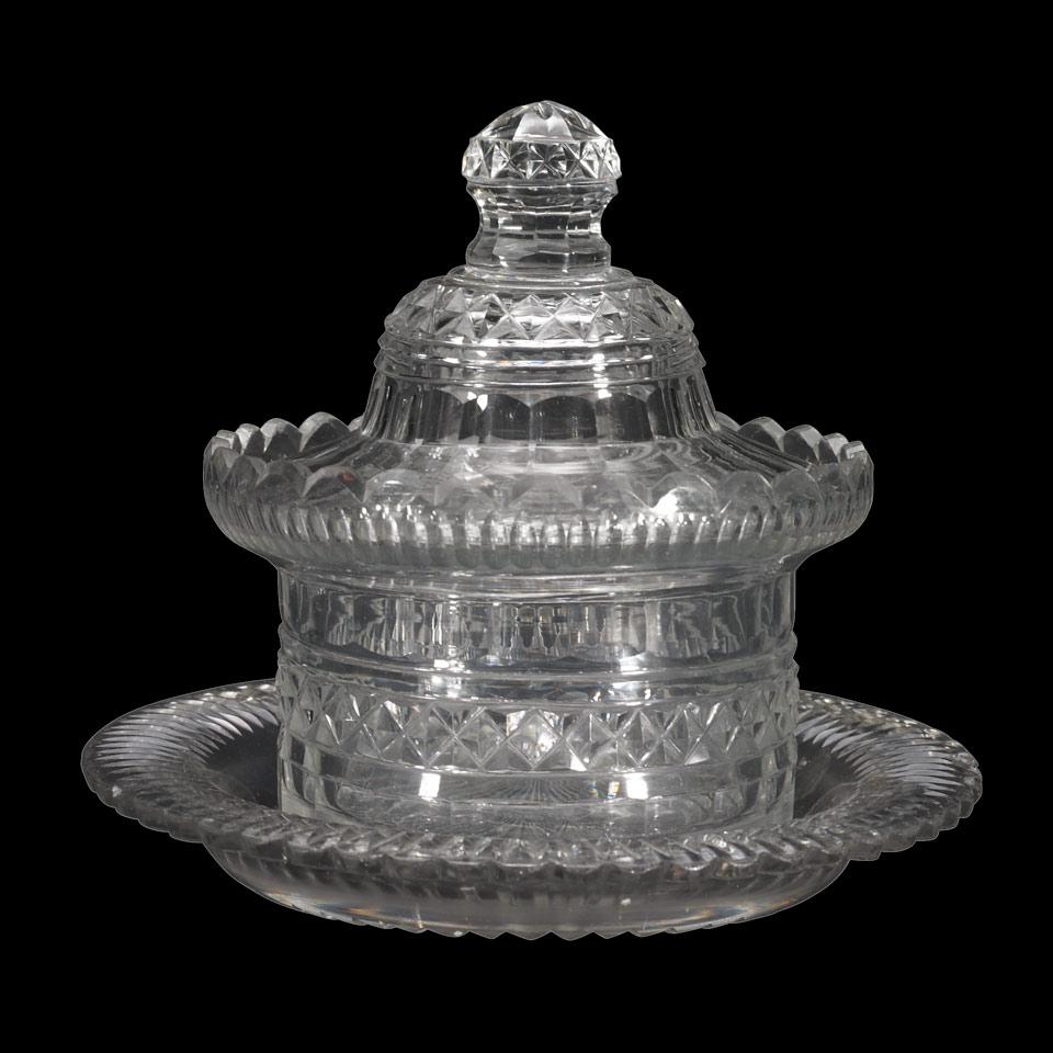 Anglo-Irish Cut Glass Butter Dish with Cover and Stand, c.1800