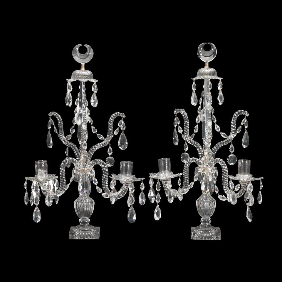 Pair of Anglo-Irish Moulded and Cut Glass Two-Light Candelabra, late 18th century