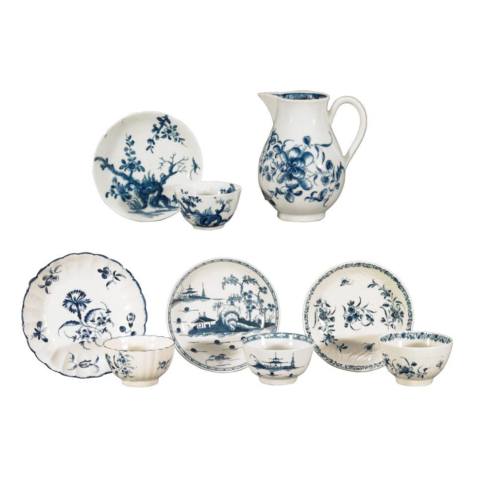 Worcester ‘Mansfield’ Cream Jug, ‘Feather Mould Floral’ Tea Bowl and Saucer, ‘Gilliflower’ Fluted Tea Bowl and Saucer, ‘Cannonball’ Tea Bowl and Saucer and a Miniature ‘Prunus Root’ Tea Bowl and Saucer, c.1755-85