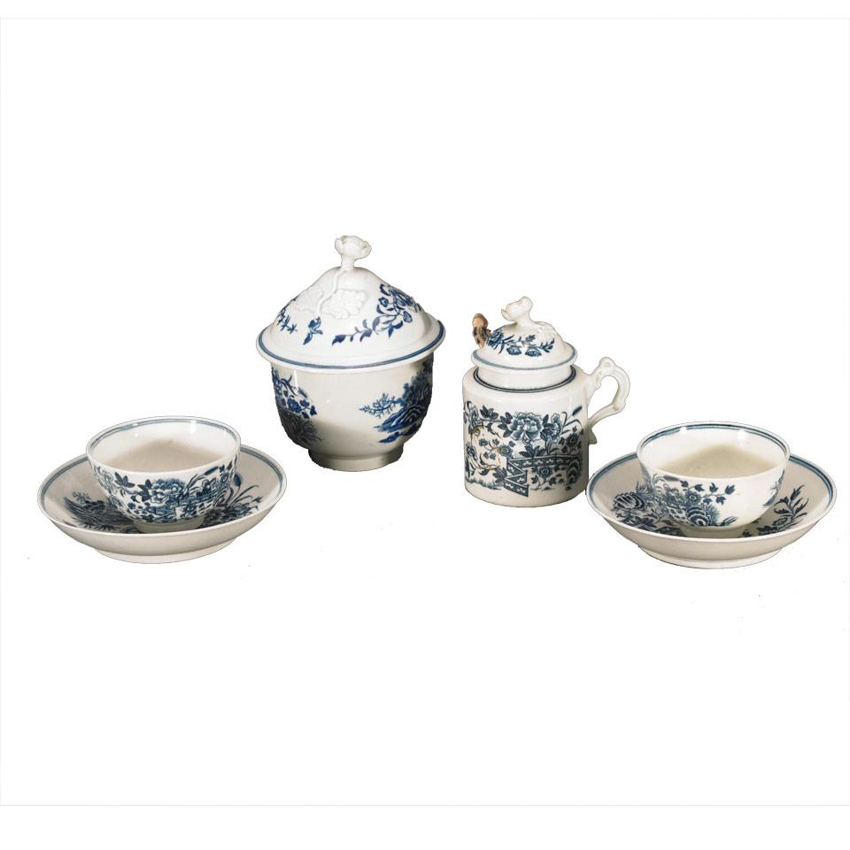 Worcester ‘Fence’ Pattern Covered Wet Mustard, Covered Sugar Bowl and Two Tea Bowls and Saucers, c.1765-85
