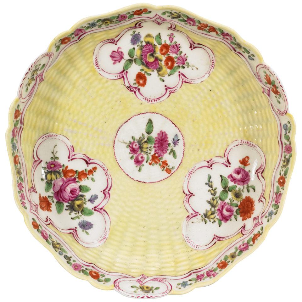 Worcester Yellow-Ground Moulded Basketweave Junket Dish, c.1770