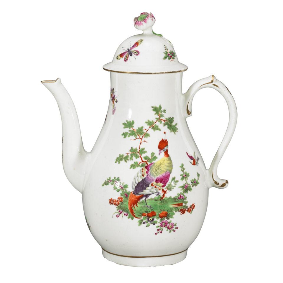 Worcester Polychrome Enameled ‘Fancy Birds’ Coffee Pot, c.1775