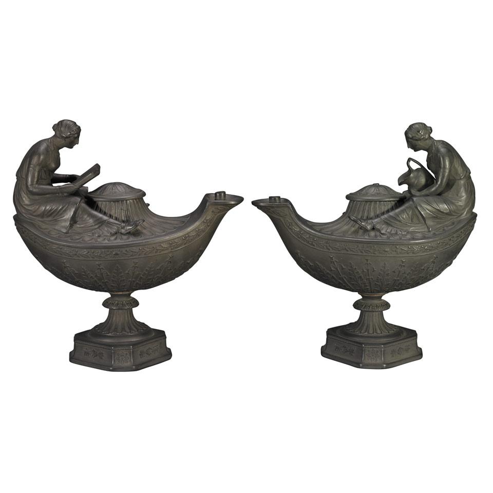 Pair of Wedgwood Basalt ‘Vestal’ and ‘Reading’ Oil Lamps, late 18th/early 19th century