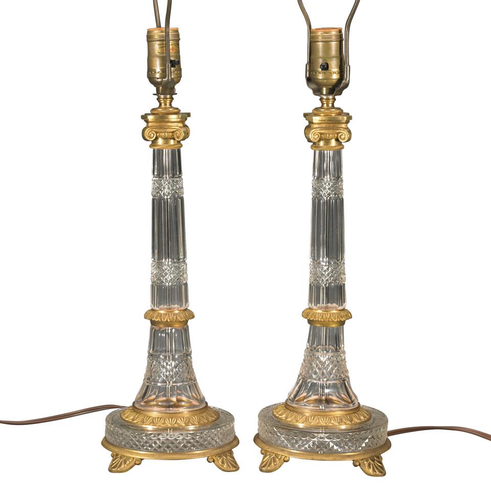 Pair of Austrian Ormolu Mounted Cut Glass Column Form Table Lamps, mid 20th century