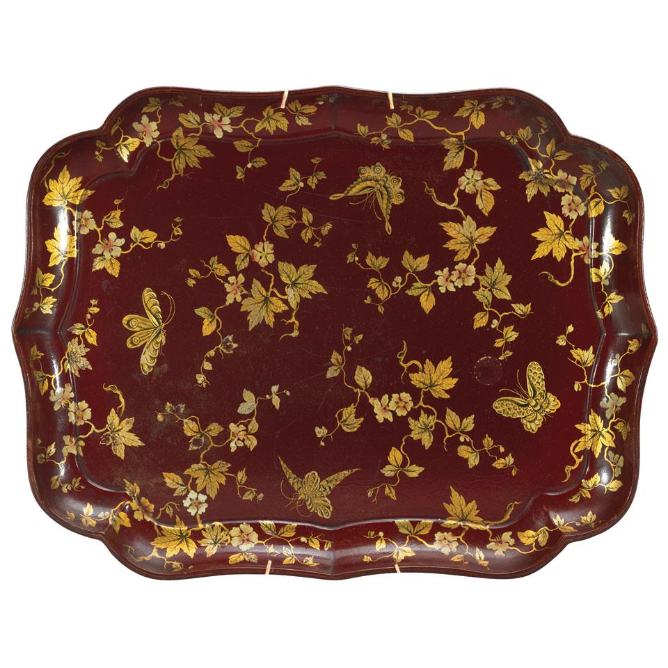 Early Victorian Burgundy Japanned, Painted and Parcel Gilt Papier Maché Tea Tray, c.1840