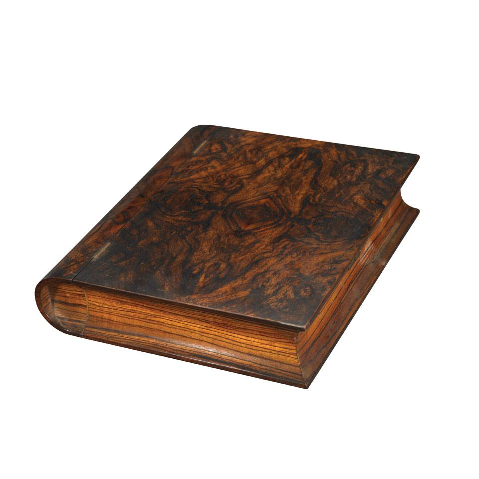 Victorian Burl Rosewood and Burl Oak Book Form Bible Box, c.1860