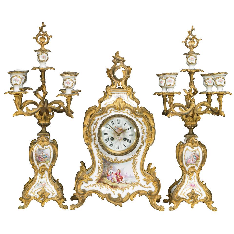 French Ormolu Mounted Sevres Style Porcelain Clock Garniture, c.1900