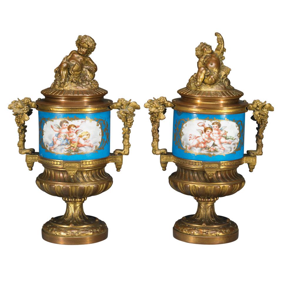 Pair Louis XVI Style ‘Sevres’ Porcelain Mounted Covered Urns, c.1870