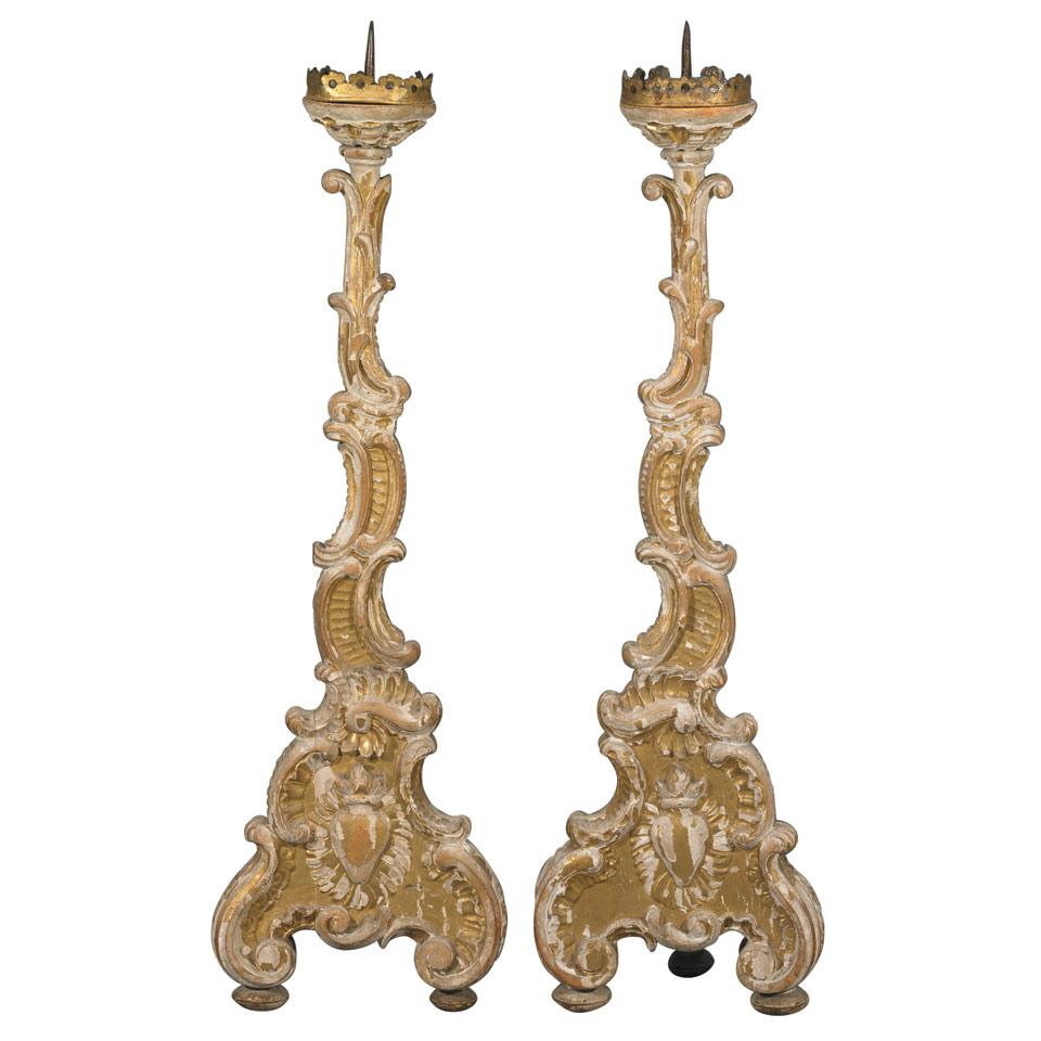 Pair Louis XV Style Carved and Parcel Gilt Prickets, 19th century