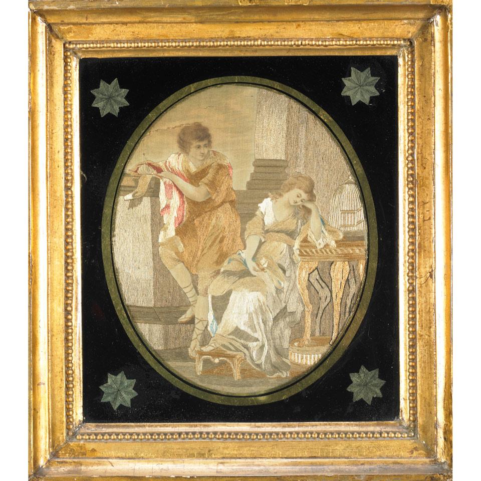 George III Oval Silk Needlework Picture, 18th century