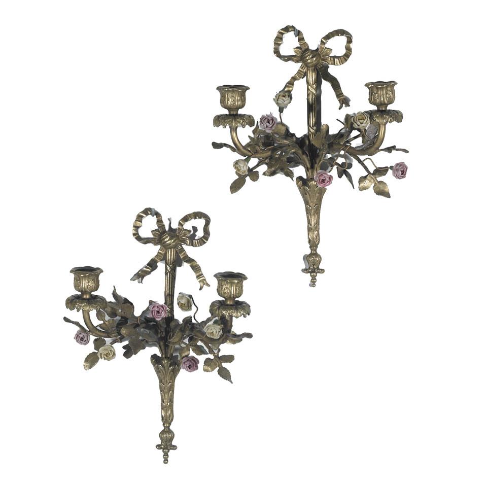 Pair French Vincennes Porcelain Mounted Ormolu Two Light Wall Sconces, late 19th century