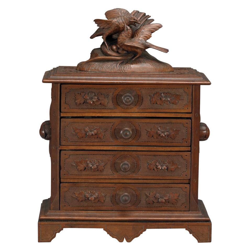 Black Forest Carved Walnut Miniature Jewellery Chest of Drawers, 19th century