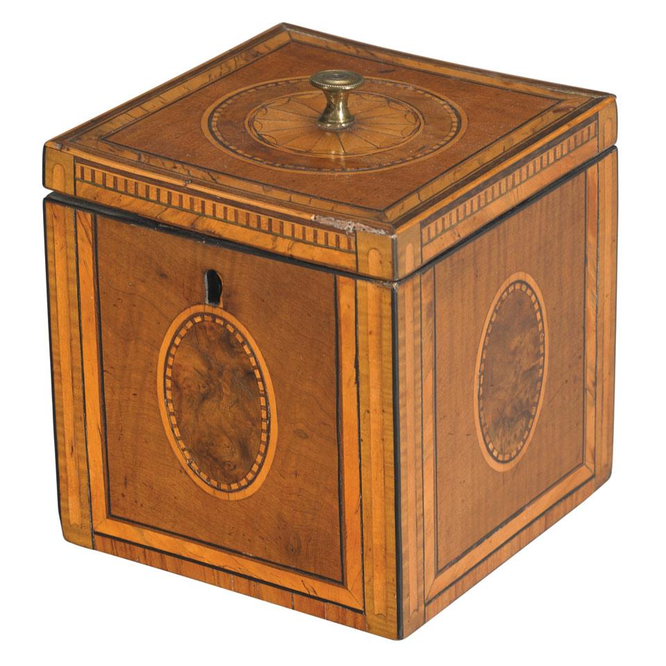 Georgian Sycamore and Burr Yew and Satinwood Marquetry Tea Caddy, c.1790