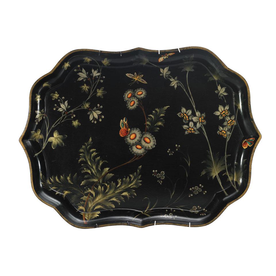 George IV Black Japanned, Painted and Parcel Gilt Papier Maché Tea Tray, c.1825
