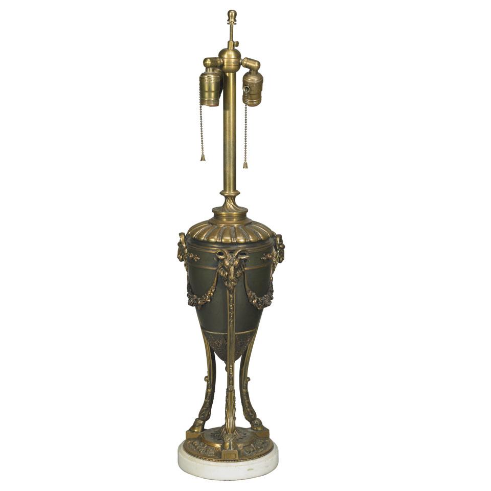 Louis XVI Style Gilt and Patinated Urn Form Table Lamp, mid 20th century