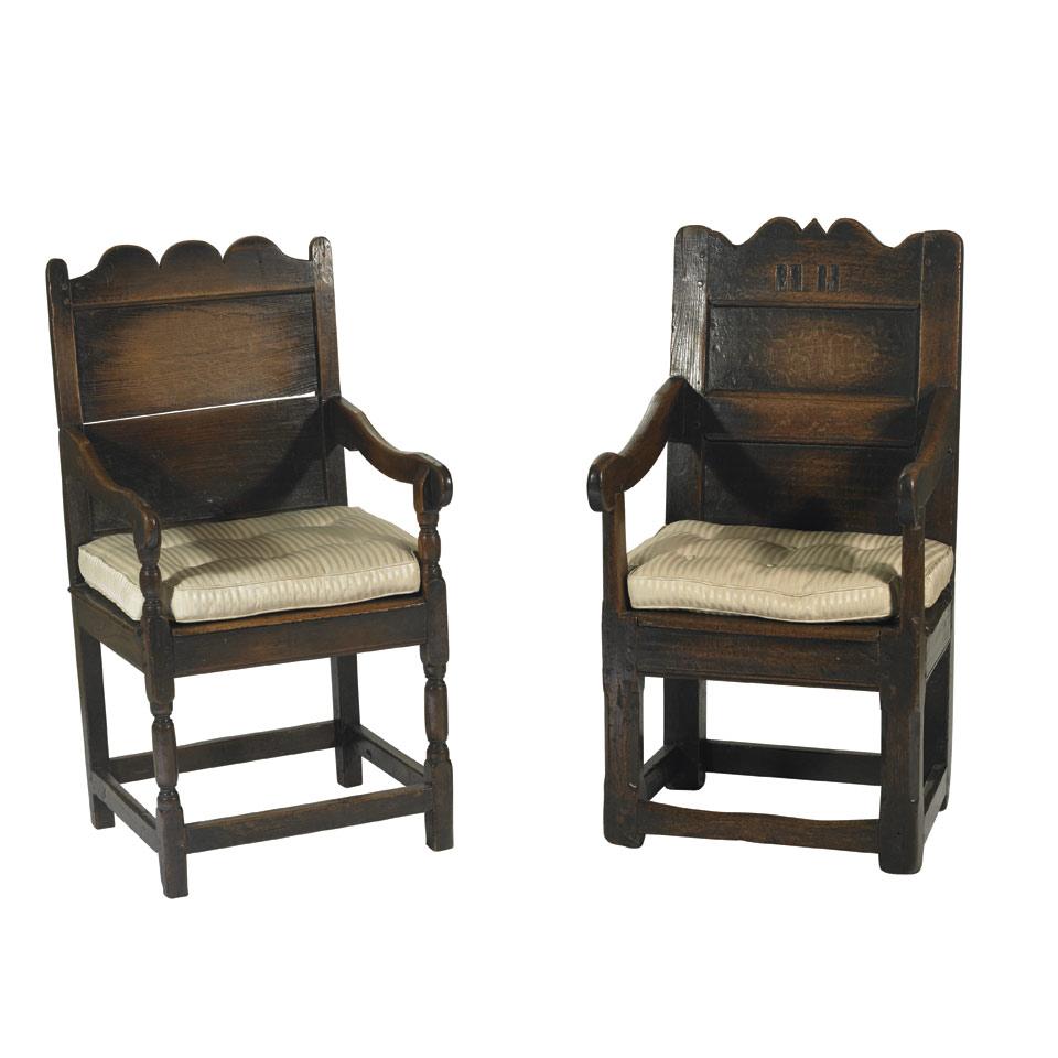 Two English Oak Paneled-Back Open Armchairs  