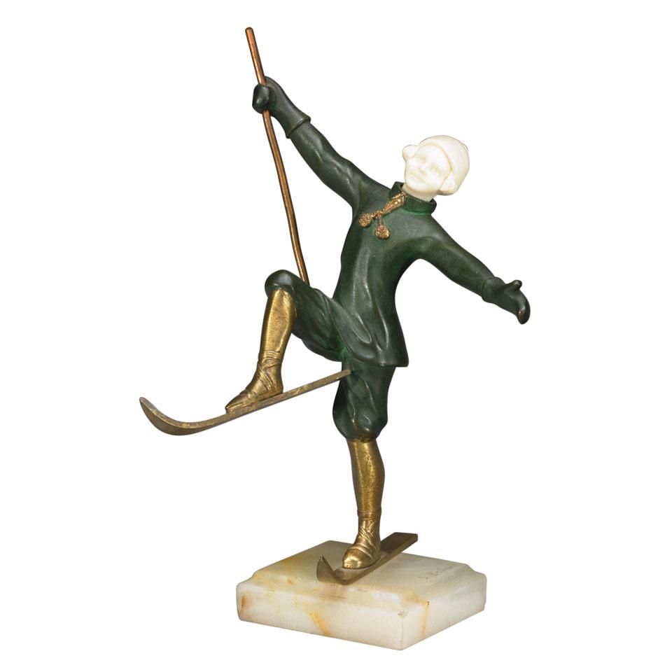 French Art Deco Patinated and Gilt Bronze and Ivorine Figure of a Young Girl Skiing, Solange Bertrand (French, fl.1920)