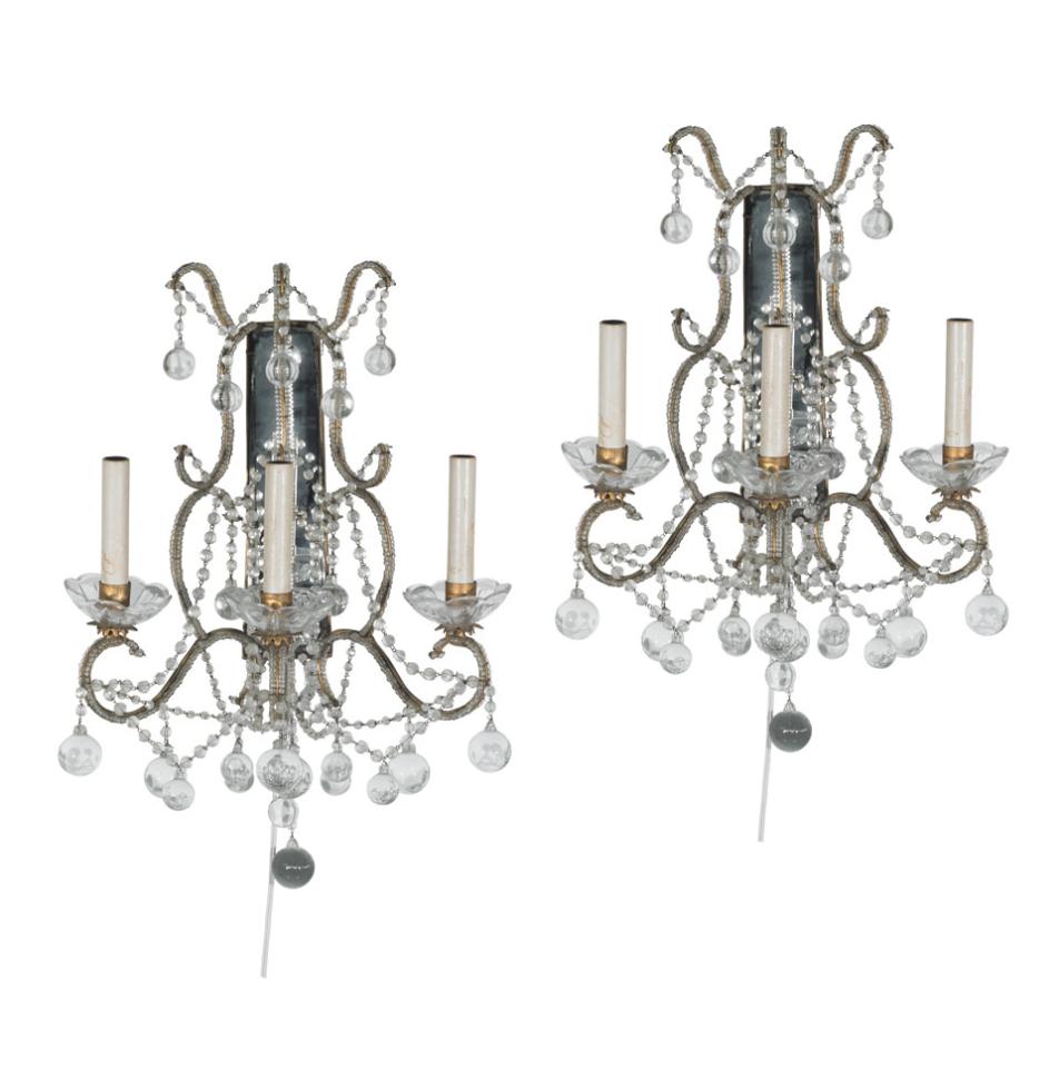 Pair Marie-Therese Style Gilt Metal and Glass Three-Light Wall Sconces, mid 20th century