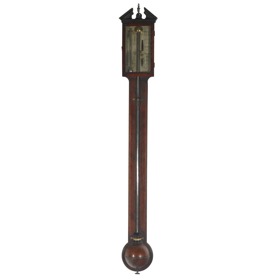 George III English Mahogany Stick Barometer, A. Ortelli, Buckingham, c.1800
