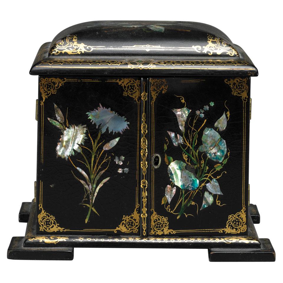 Victorian Abalone Inlaid Black Japanned Papier Maché Jewellery Cabinet, c.1860