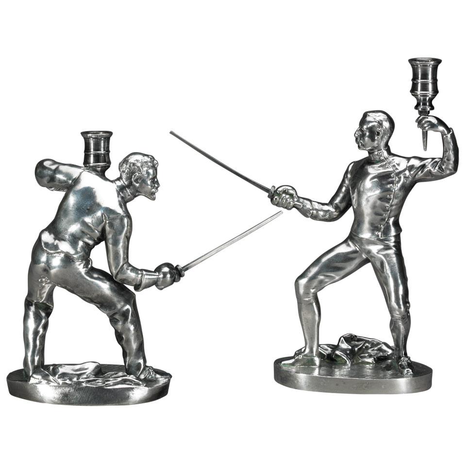 Pair of Edwardian Silvered Bronze Figural Candlesticks