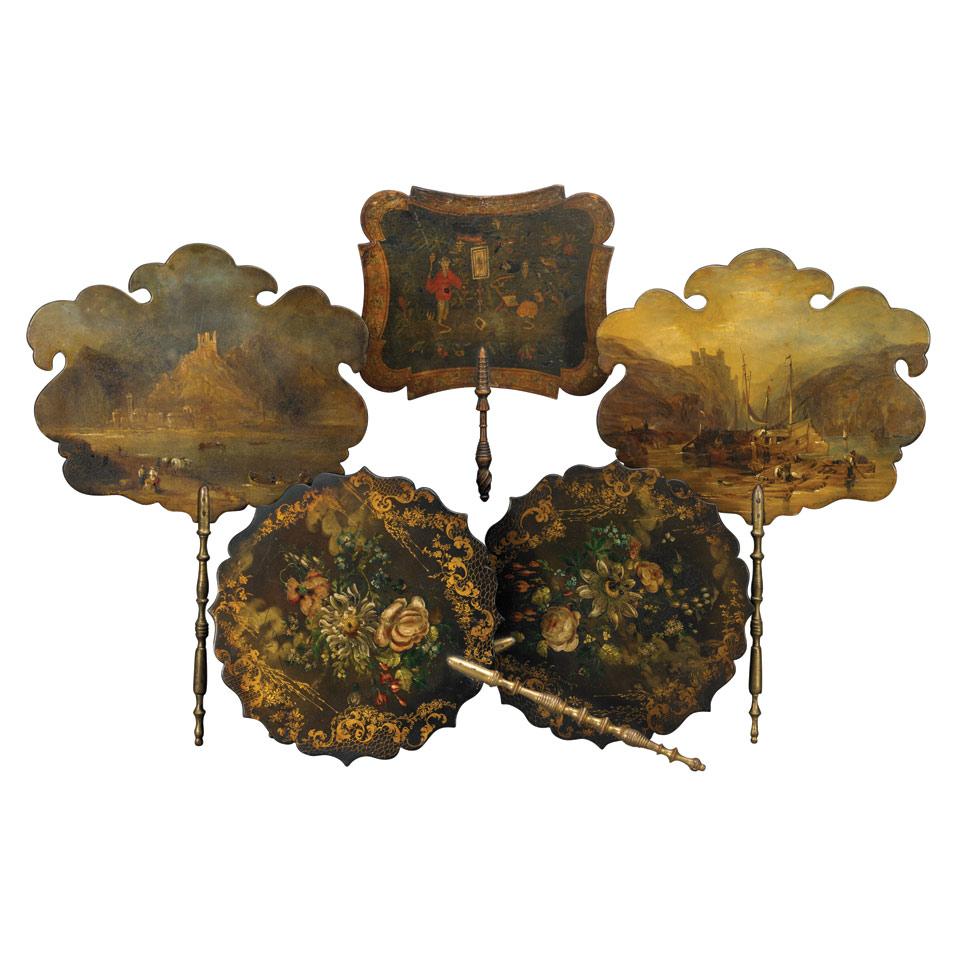 Group of FIve Papier Maché Face Screens, early 19th century