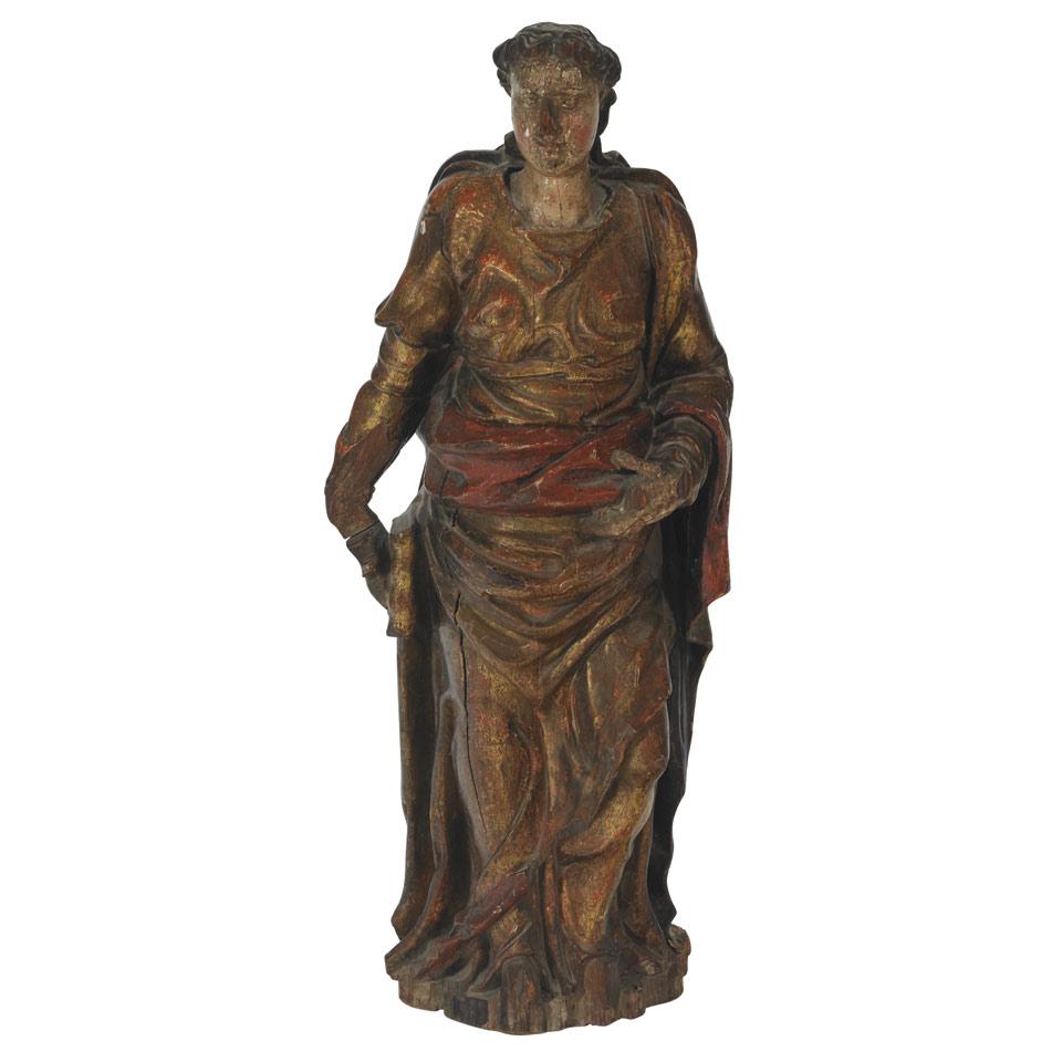 Italian Baroque Carved, Painted and Parcel Gilt Wood Figure of a Female Saint, 18th century