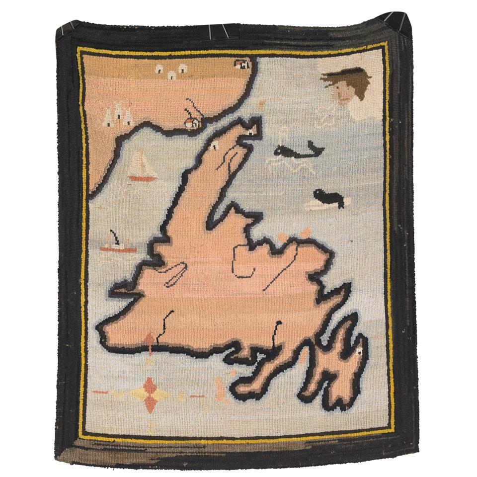 Grenfell Labrador Industries Hooked Mat, Map of Newfoundland, c.1930
