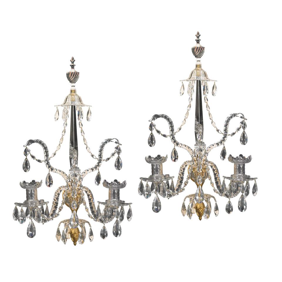 Pair of George III Anglo-Irish Cut Glass and Gilt Bronze Two-Light Wall Sconces