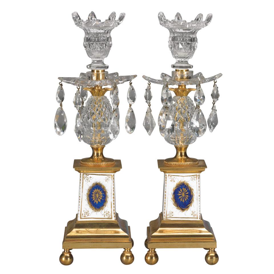 Pair of George III Gilt Bronze,Porcelain and Cut Glass Lustre Candlesticks, c.1810