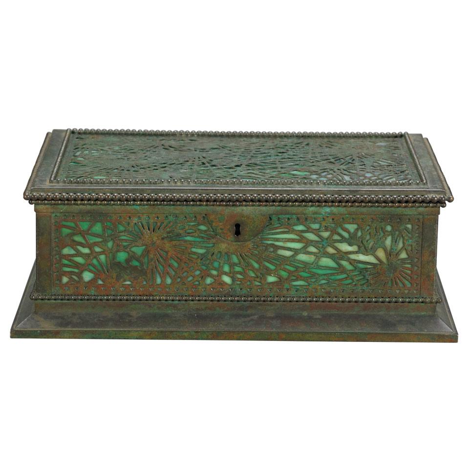 Tiffany Studios, New York, Etched Bronze and Favrile Glass Pine Needle Pattern Humidor
