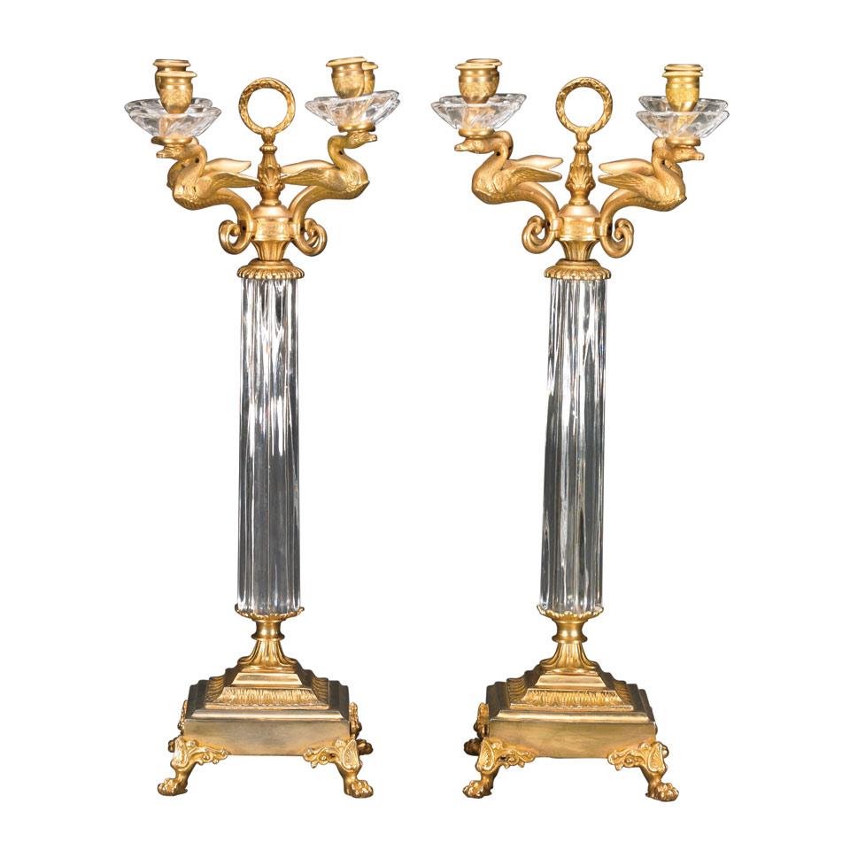 Pair of Glass Mounted Ormolu Four-Light Candelabra, 20th century