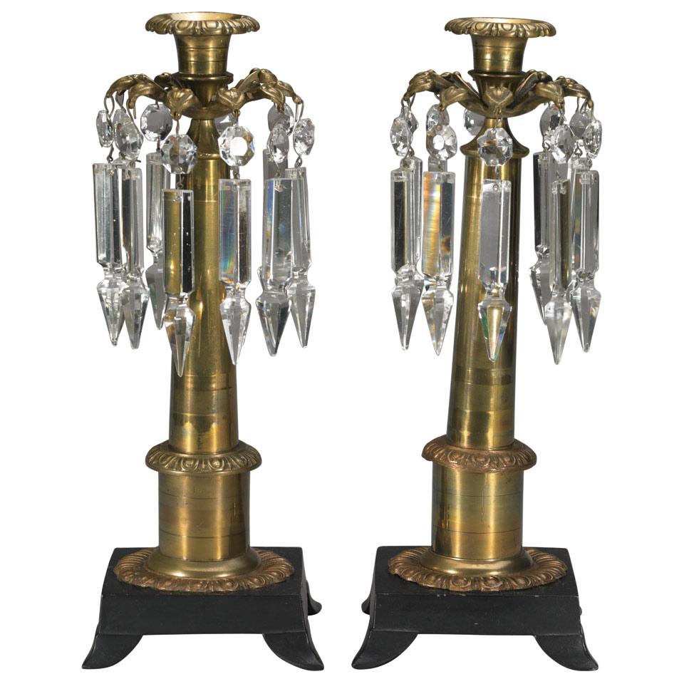 Pair French Empire Style Gilt Bronze and Patinated Metal Column Form Luster Candle Sticks, c. 1830