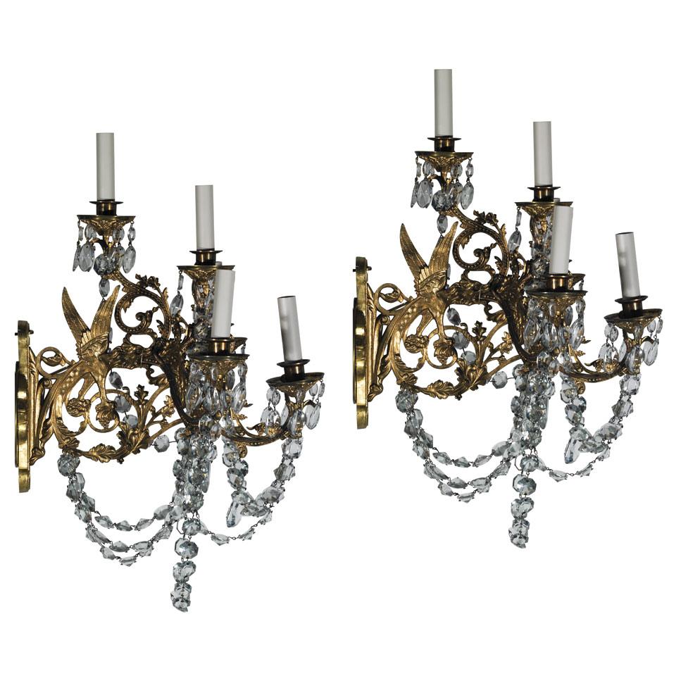 Pair Victorian Gilt Brass and Cut Glass Griffin Form Five-Light Wall Sconces, 19th century 